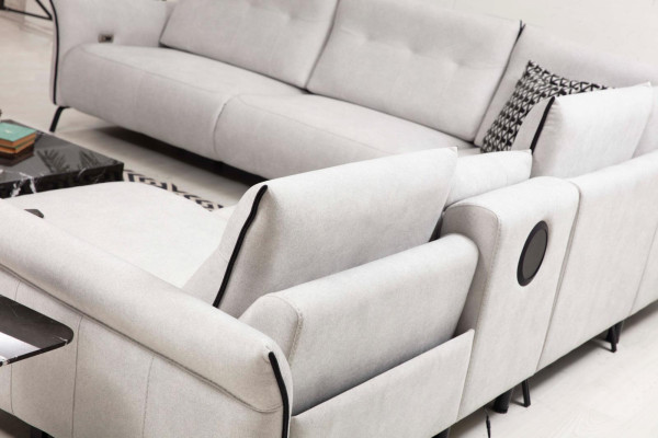 Sofá esquinero blanco en forma de L, de tela acolchada para salón, sofá moderno.