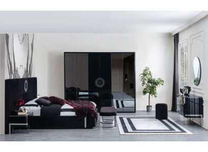 Gran conjunto de dormitorio negro: cama, mesitas de noche, armario - 7 piezas.