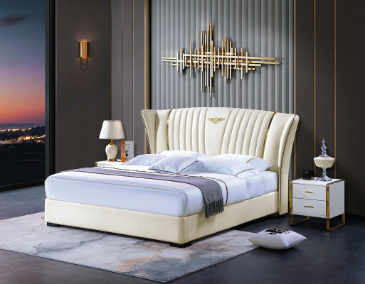 Cama Dormitorio Mesita de noche Set completo 3 piezas Madera Cuero Camas