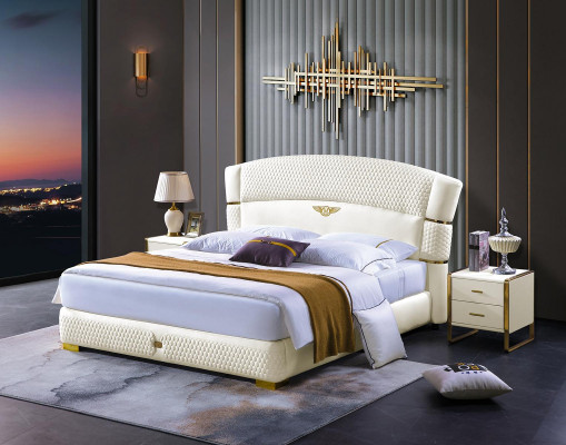 Cama de diseño de madera doble de lujo matrimonial. Estructura de hotel moderna para dormitorio.