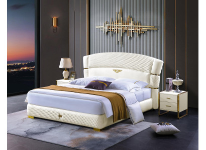 Cama de diseño de madera doble de lujo matrimonial. Estructura de hotel moderna para dormitorio.