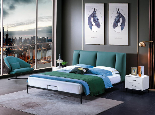 Diseño de cama verde doble de lujo matrimonial moderno con marco para dormitorio de hotel.
