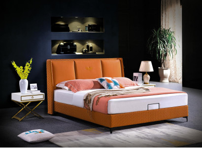 Cama acolchada naranja de lujo doble camas de hotel de cuero dormitorio 180x200
