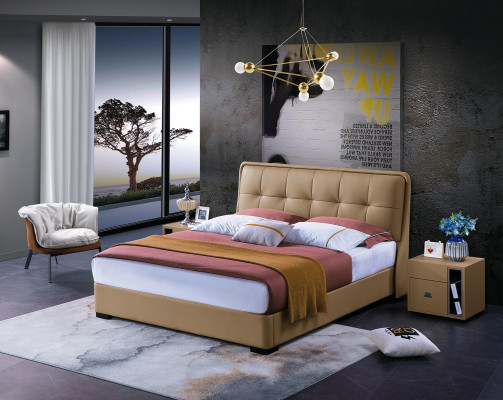Clásica cama de dormitorio blanca de tela con cabecera de cuero doble de 180x200 cm.