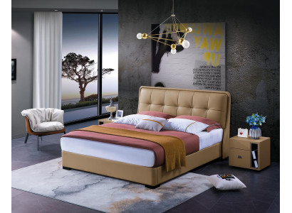Clásica cama de dormitorio blanca de tela con cabecera de cuero doble de 180x200 cm.