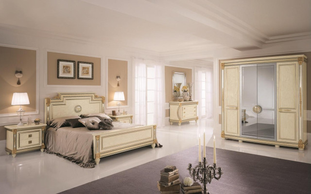 Conjunto de dormitorio clásico Mesitas de noche Cama Estilo Madera Cama Muebles italianos 6 piezas