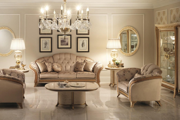 Juego de sofá de 3 plazas, 2 mesas auxiliares, mesa de centro, vitrina. Set de sala de estar de 7 piezas.