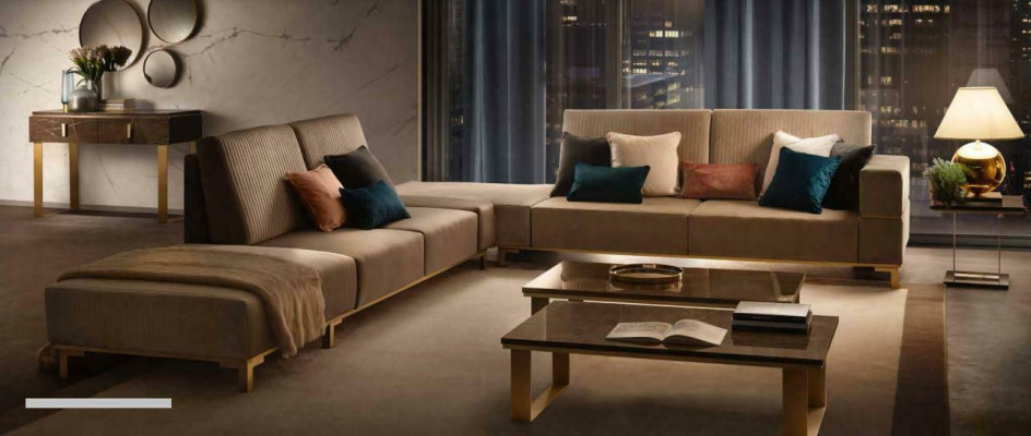 Sofá de esquina en forma de L con tapizado de tela de cuero de tapicería de sofá de sala de estar.