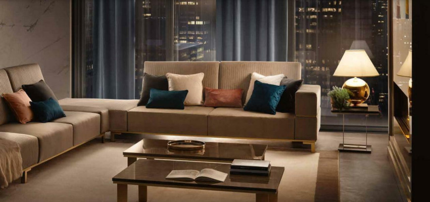 Sofá de esquina en forma de L con tapizado de tela de cuero de tapicería de sofá de sala de estar.