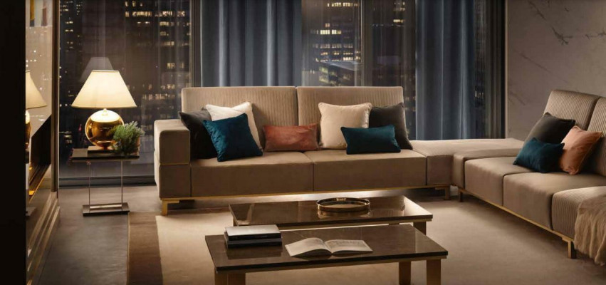 Sofá de esquina en forma de L con tapizado de tela de cuero de tapicería de sofá de sala de estar.