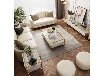 Sofá de diseñador con asientos acolchados 3+2 plazas en cuero blanco.