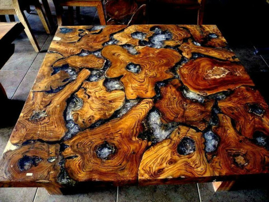 Epoxi fino de mesa de resina de madera maciza real, mesa de resina epoxi en cascada de 100x100.