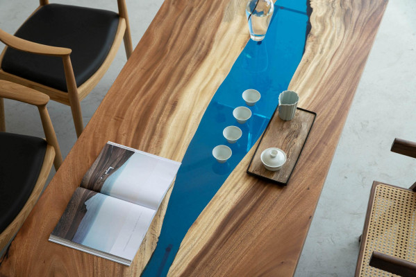 Mesa de comedor River Table de madera real, mesa de río sólida de resina de epoxy decorativa.