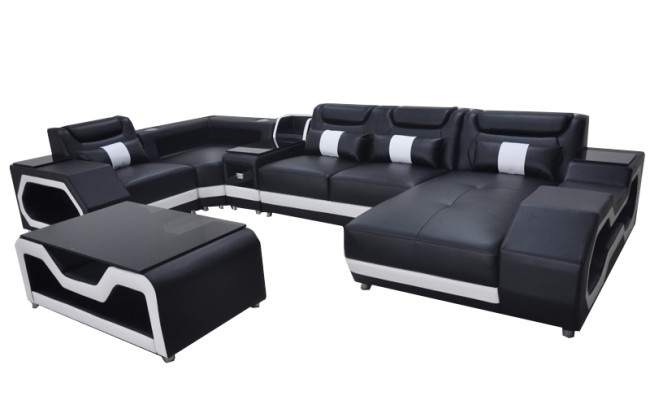 Sofá de cuero Sofá Sofá acolchado conjunto de esquina moderno conjunto de vida mesa + USB + LED