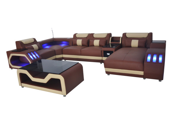 Sofá de cuero Sofá Sofá acolchado conjunto de esquina moderno conjunto de vida mesa + USB + LED