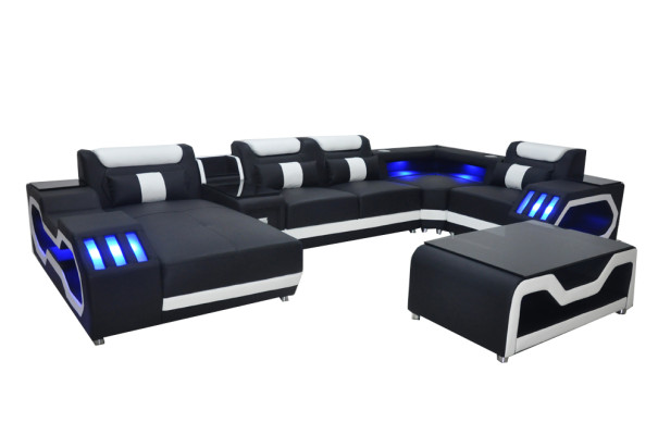 Sofá de cuero Sofá Sofá acolchado conjunto de esquina moderno conjunto de vida mesa + USB + LED