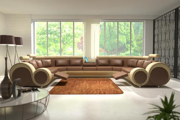 Gran sofá de cuero en forma de U para la sala de estar, juego de sofás con esquina acolchada y USB.
