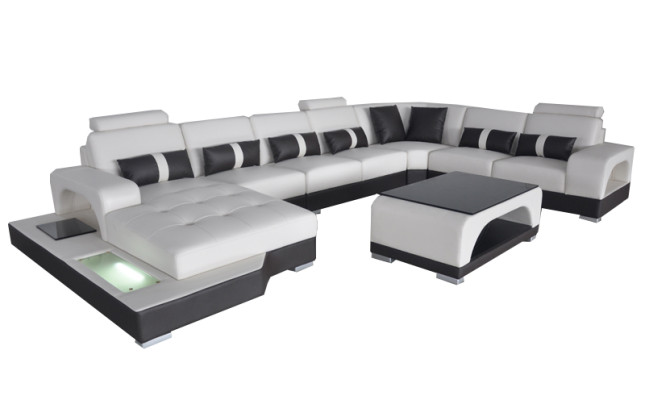 Sofá de cuero Diseño moderno Asiento Sofá Acolchado Sofá de esquina + Mesa de salón