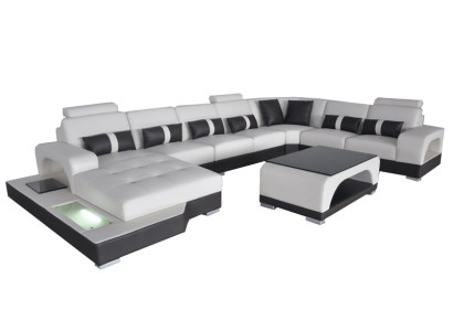 Sofá de cuero Diseño moderno Asiento Sofá Acolchado Sofá de esquina + Mesa de salón