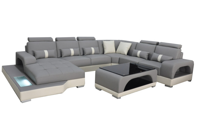Sofá de cuero Diseño de sofá moderno Sofá de esquina de salón + mesa Asientos de sofá con USB