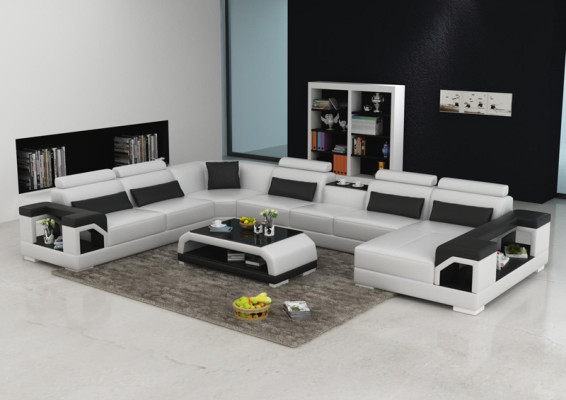 Sofá de cuero con diseño moderno, asientos acolchados, diseño de salón + mesa esquinera.