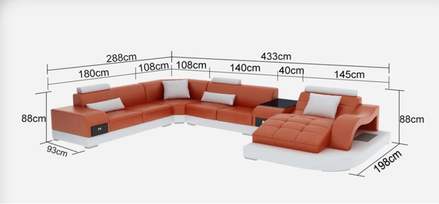 Sofá de cuero con USB, diseño de sofá moderno con asientos acolchados, esquinero + mesa + luz.