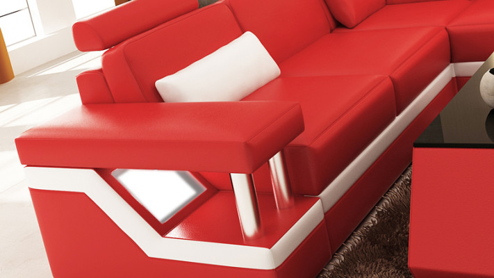 Diseño de sofá de esquina de cuero para salón, moderno juego de sofá esquinero rojo con USB + LED.