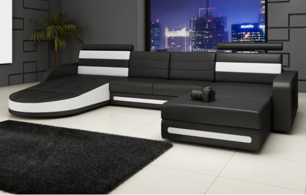 XXL SOFÁ MODULAR CONJUNTO DE SOFÁ DE DISEÑO SOFÁ ESQUINERO Negro SOFÁ DE CUERO con USB Nuevo