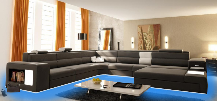 Sofá diseño sofá asiento cuero esquina juego de tapicería paisaje de vida sofá de esquina A1 azul