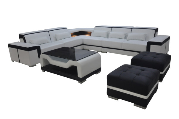 Sofá de cuero con costuras de USB Sofá de esquina Conjunto de sofá Mesa Puff