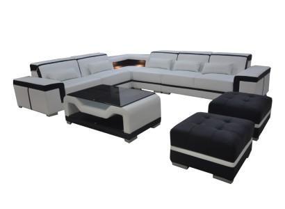 Sofá de cuero con costuras de USB Sofá de esquina Conjunto de sofá Mesa Puff