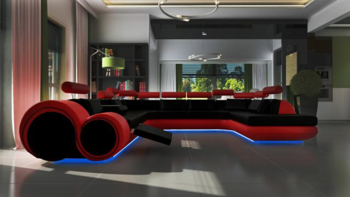 Sofá de cuero con USB, sofá esquinero tapizado con cojines, mueble de salón en forma de U XXL.