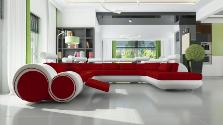 Sofá de cuero con USB, sofá esquinero tapizado con cojines, mueble de salón en forma de U XXL.