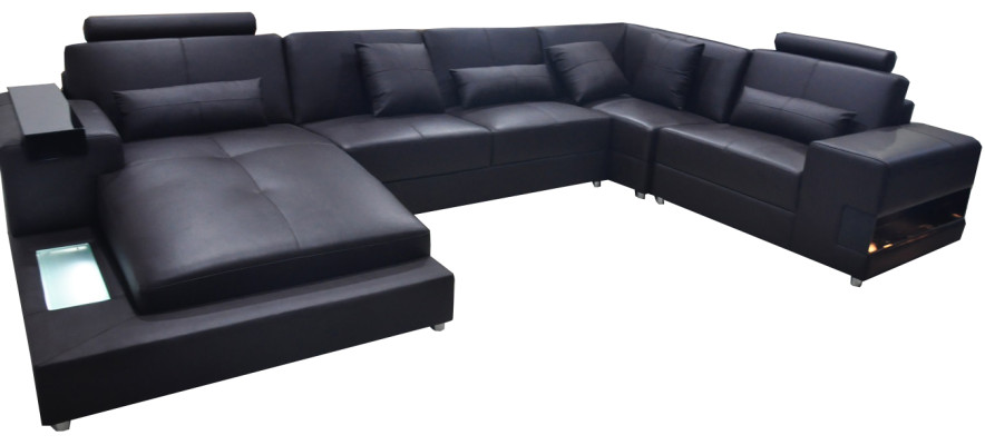 Sofá de cuero Sofa Paisaje de vida conjunto de esquina Diseño de sofá moderno en forma de U con USB