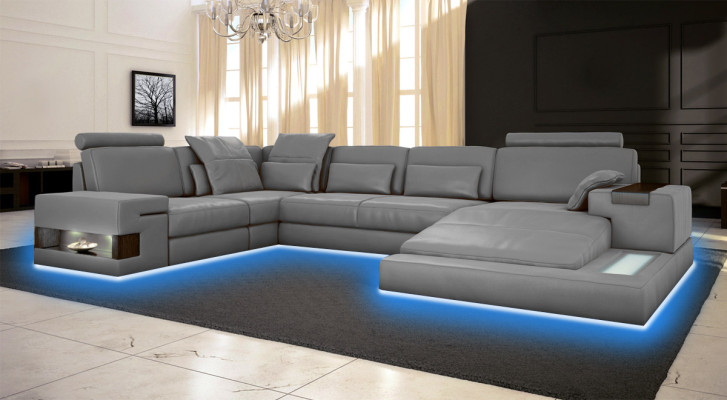 Gran sofá de esquina de cuero de sofá de salón con asientos acolchados y grupo de sofás con USB.