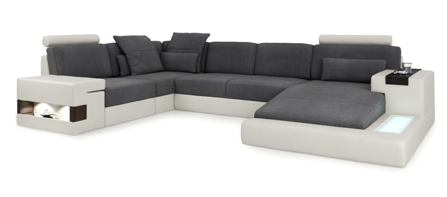 Sofá XXL en forma de U de cuero, sofá tapizado, sofá de cuero textil, USB, sala de estar.