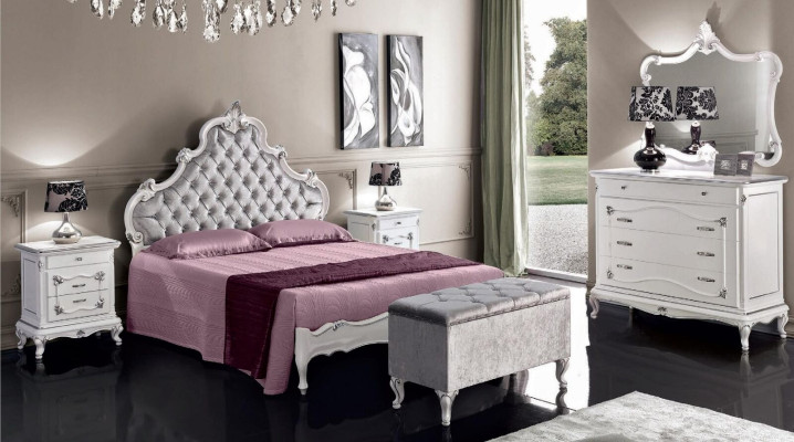 Muebles clásicos de 6 piezas para dormitorio Conjunto de cama 2 mesitas de noche Taburete Cómoda Espejo