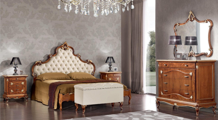 Dormitorio Juego completo Cama 2x Mesita de noche Cómoda Espejo Sillón 6 piezas Italia