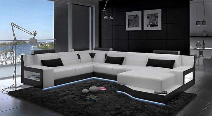 Sofá de cuero esquinero + conjunto de USB, sofá paisaje, cojín cama función nuevo diseño.