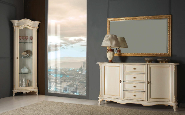Vitrina de salón armario cómoda Italia espejo conjunto clásico de 3 piezas blanco nuevo