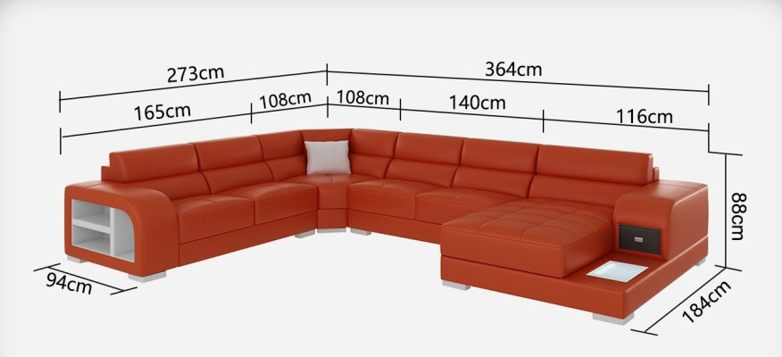 Moderno diseño de sofá de cuero con luces LED, sofá de esquina con puerto USB.