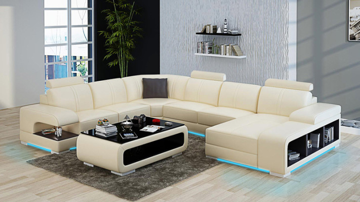 Sala de estar sofá sofá cuero acolchado esquina asiento conjunto forma de U paisaje habitable +USB
