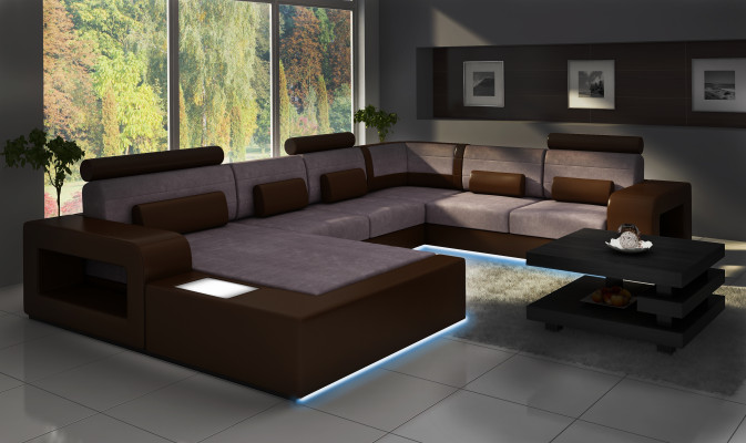 Sofá modular con USB, conjunto de sofás de tela textil y cuero con iluminación.