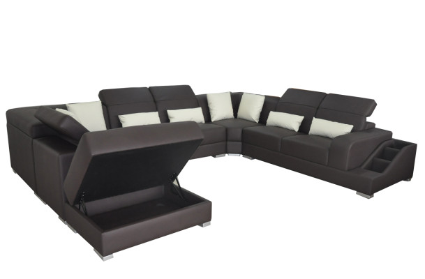 Sofá de esquina de cuero, conjunto de sofá de diseño moderno con luces LED USB ottoman