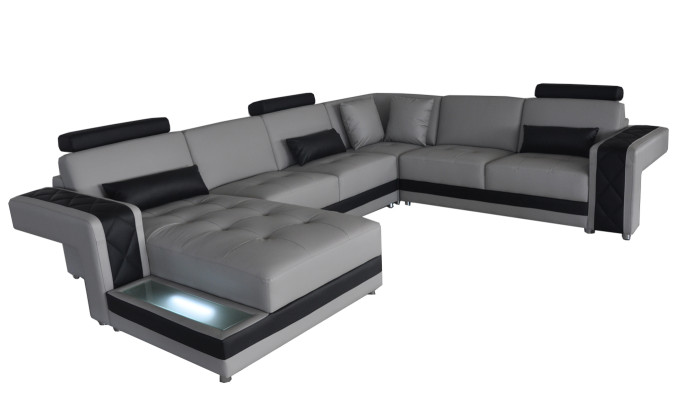 Sofá de cuero Sofá Conjunto de salón de diseño de esquina en forma de U con luces LED y USB