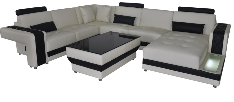 Sofá de cuero Sofá Conjunto de salón de diseño de esquina en forma de U con luces LED y USB