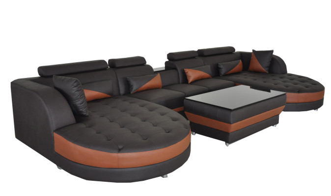 Moderno sofá de esquina de cuero con USB para salón, sofá en forma de U, sofá seccional de salón tapizado.