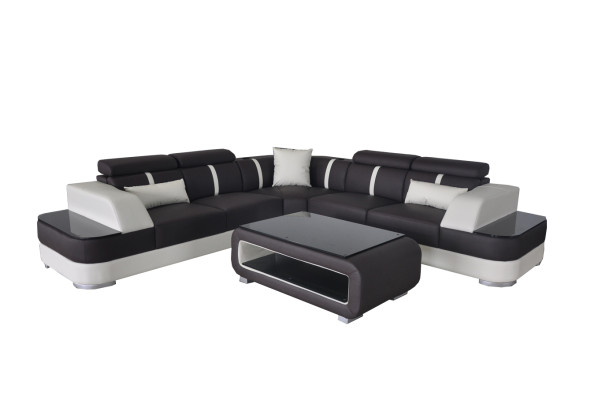 Sofá de esquina de cuero tapizado en forma de L + conjunto de asientos de esquina + mesa salón