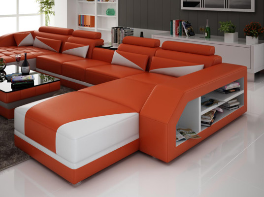 Sofá de cuero Couch Sofá de la sala de estar Sofá en esquina Conjunto de sofás Diseño Sofá Moderno USB Naranja