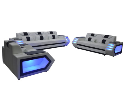 Sofá sofá asiento almohadilla completo grupo set cuero juego 3+2+1 + LED + USB Nuevo